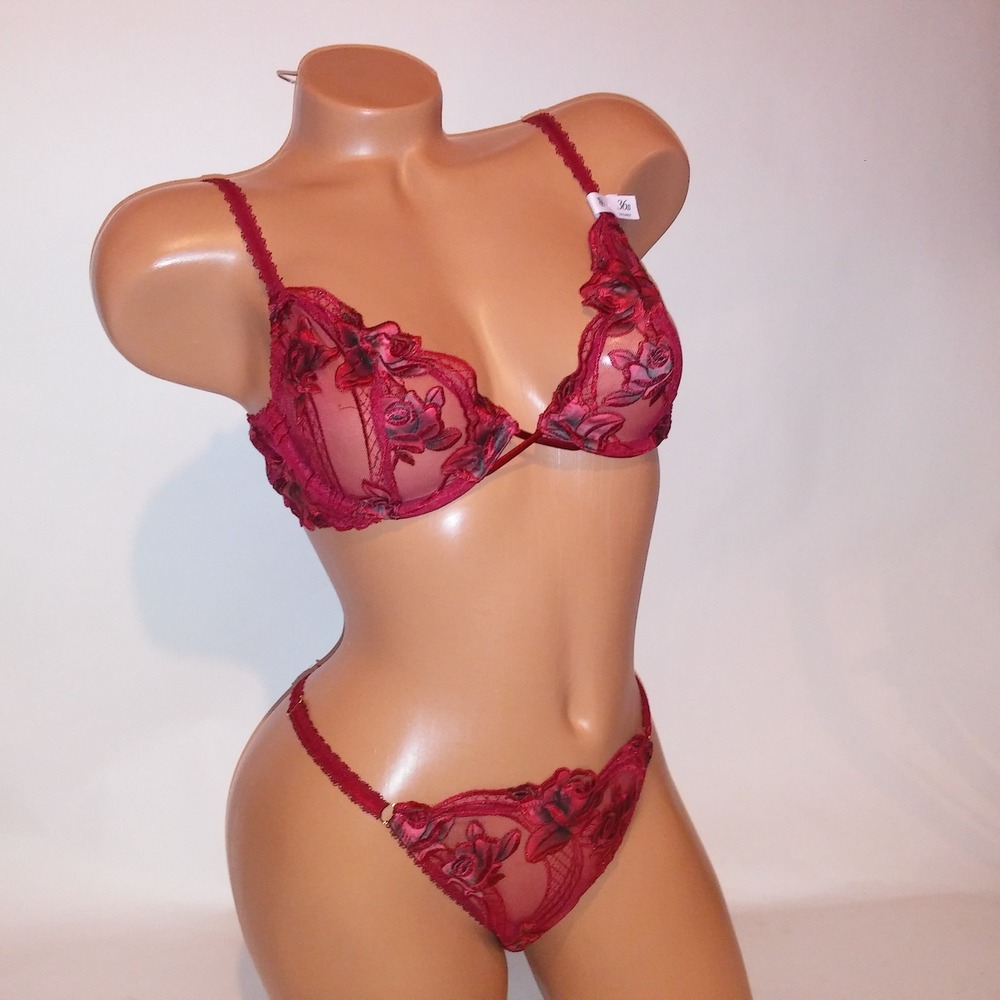 Victoria Secret Bra Set 36B Low Cut Demi Large Thong Panty Red Floral Sheer New